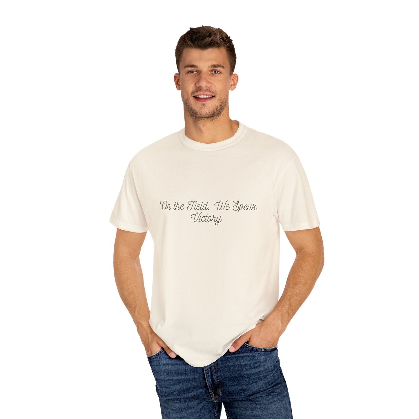 On the Field, We Speak Victory men’s T-shirt