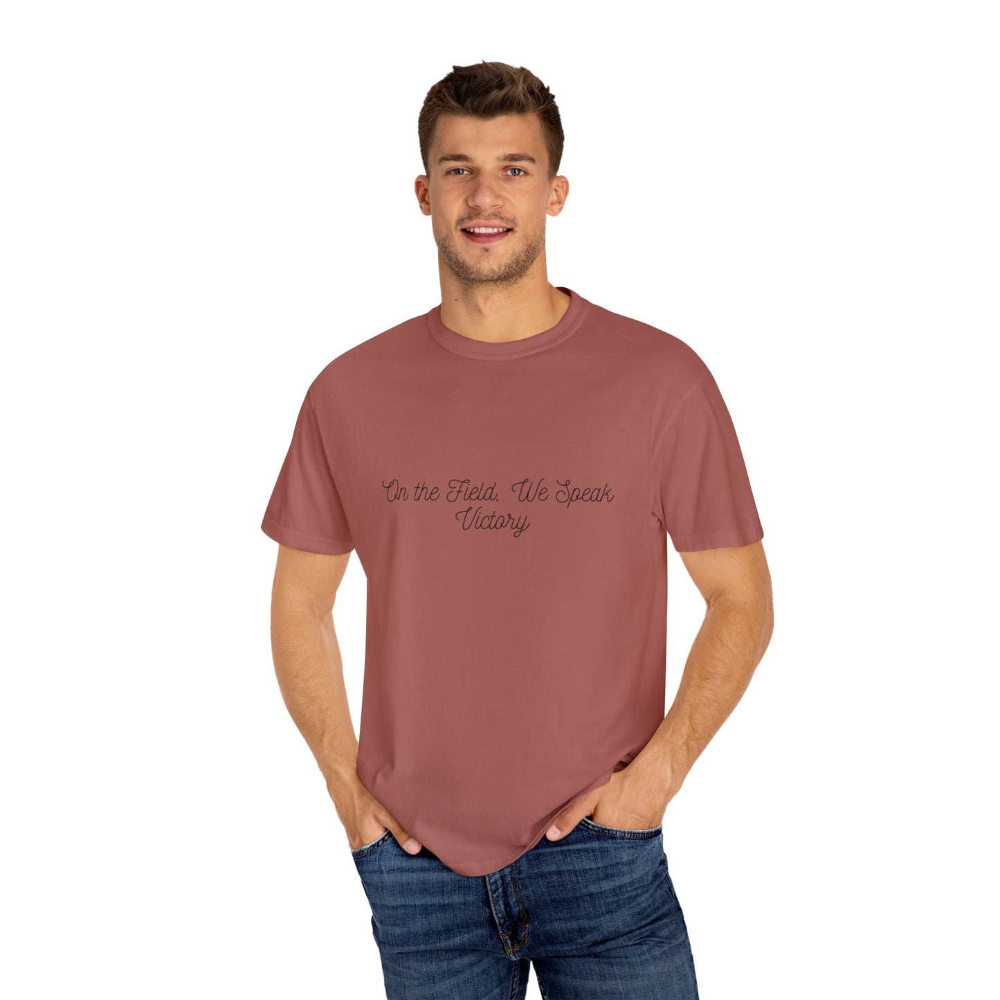 On the Field, We Speak Victory men’s T-shirt